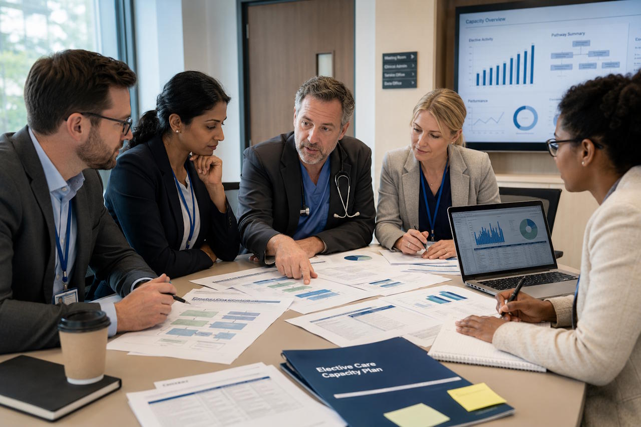 Clinical team reviewing NHS insourcing framework bid strategy and capacity plans
